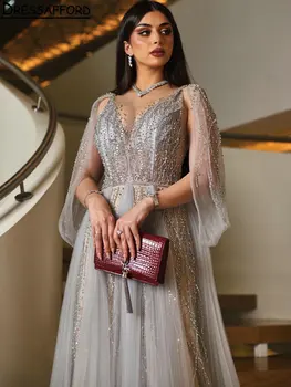 Вечерние платья из Дубая с серебряной иллюзией, расшитые бриллиантами, Трапециевидный V-образный вырез, Драпированное вечернее платье из Саудовской Аравии