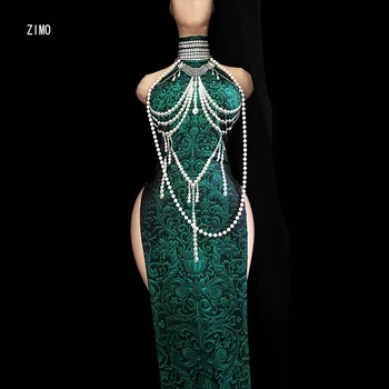Винтажное длинное платье ципао цепочка жемчужный 3D Принт с высоким разрезом зеленый народный танец без рукавов сценический наряд фестивальная одежда