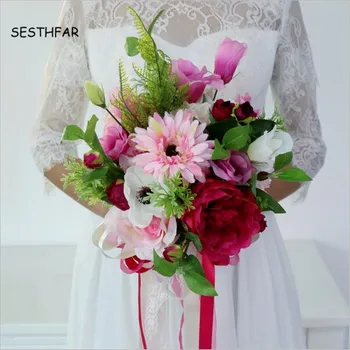 Винтажные Красные, Белые, Розовые Искусственные Цветы Розы Свадебные Букеты Свадебная Брошь Букеты Невесты Fleur Artificielle Mariage