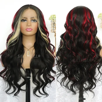 Выделите Бордовый цвет 13x4 Парики на кружеве спереди для женщин, парик с объемной волной, предварительно выщипанный по линии роста волос, Выделите Светлое термостойкое волокно