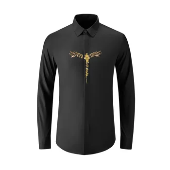 Высококачественные Роскошные ювелирные изделия, Мужские рубашки, Топ, Мужская Рубашка, Длинная Тонкая Черная рубашка с короной и птицей
