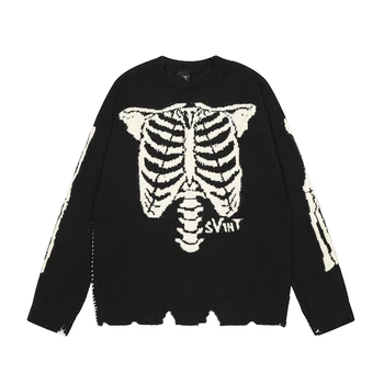 Вязаный свитер с костями Святого Михаила, Винтажный поврежденный свитер с костями скелета, мужские Женские кофты, жаккардовые свитера