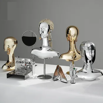 Гальваническое покрытие из золота или серебра, женская голова манекена с бюстом Для витрины ювелирных изделий, Шляпа, Парик, кронштейн для шарфа