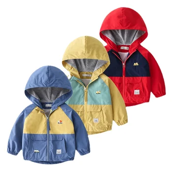 Детская куртка Повседневная верхняя одежда Ветровка Осенние детские пальто Одежда Весенние детские куртки для мальчиков с капюшоном в стиле пэчворк