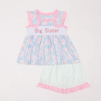 Детская одежда от 1 до 8 лет, комплект одежды для маленьких девочек, розовый костюм из 2 предметов, Боди с вышивкой для старшей сестры, Футболка с цветочным рисунком, шорты с милыми пятнами