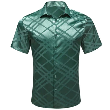 Дизайнерские рубашки для мужчин, летние шелковые атласные мужские блузки в зеленую клетку с коротким рукавом, топы с воротником на пуговицах, одежда Barry Wang