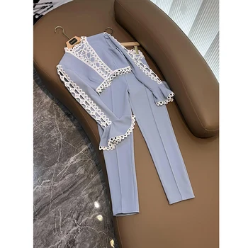 Дизайнерский Кружевной Лоскутный Полый Бандаж с расклешенными рукавами, Короткий Блейзер, Комплект брюк, Вариант 2 цветов, Элегантный Модный женский костюм