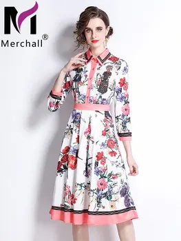 Дизайнерское Вечернее плиссированное платье для подиума, Женская рубашка с воротником и Длинным рукавом, однобортное ночное платье Миди с цветочным принтом в стиле Ретро M62120
