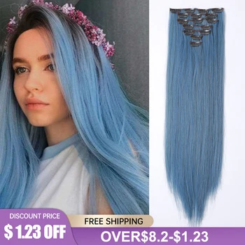 Длинные синие заколки для наращивания волос Синтетический Прямой синий шиньон для женщин из термостойкого волокна Женских натуральных волос