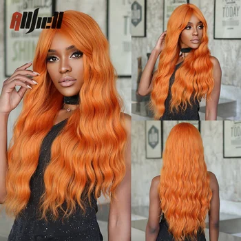 Длинный оранжевый кудрявый парик с челкой, синтетические медно-имбирные парики с волнами воды для чернокожих женщин, термостойкие Косплей из натуральных волос
