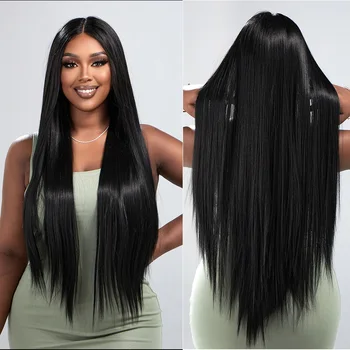 Длинный синтетический прямой черный парик с единорогом, парик на кружеве, парик спереди, парик для женщин, волосы высокой плотности, термостойкие