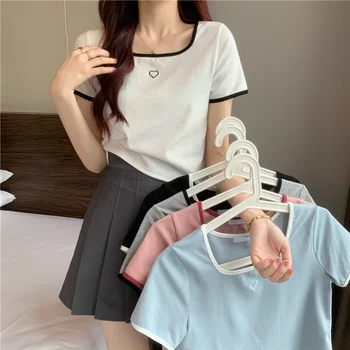Женская футболка с вышивкой, тонкий топ с коротким рукавом в корейском стиле