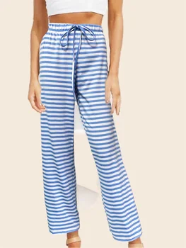 Женские хлопчатобумажные длинные пижамные брюки, удобные мягкие, доступны в больших размерах для лета, сексуальный дизайн в полоску, завязки на талии