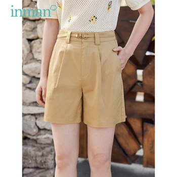 Женские шорты INMAN 2023, Летние Свободные брюки А-образной формы со средним высоким поясом, Повседневные универсальные минималистичные однотонные брюки цвета Хаки