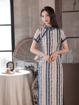 Женский Китайский традиционный приталенный костюм Чонсам с коротким рукавом и пуговицами, Длинный хлопковый льняной Ципао