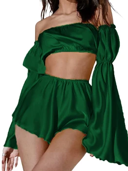 Женский комплект пижам из 2 предметов, укороченные топы с длинными расклешенными рукавами и Шорты с открытыми плечами, Комплект Одежды для отдыха, Летняя одежда для сна