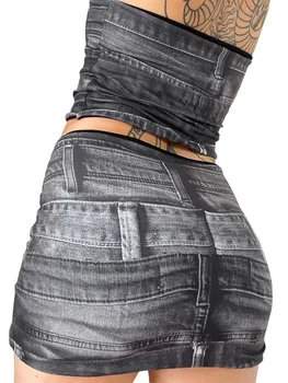 Женский летний комплект юбок из 2 предметов с 3D джинсовым принтом, топ-труба без бретелек, Эластичная пляжная мини-юбка с низкой талией, Клубная одежда