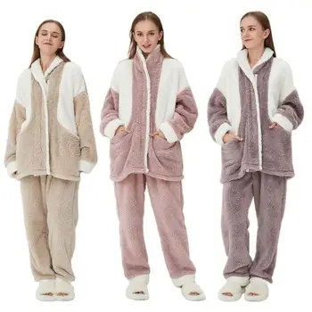 Женский флисовый пижамный комплект, Фланелевая пижама с цветным блоком, 2 предмета, теплый Топ с длинными рукавами и отворотами, на молнии, и брюки, одежда для отдыха