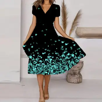 Женское индивидуальное платье с V-образным вырезом и короткими рукавами в европейском и американском стиле с цветочным принтом, юбка средней длины, юбка-трапеция, большой подол