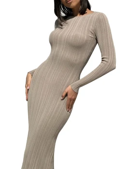 Женское осеннее вязаное платье Y2k с длинным рукавом, однотонное платье Макси в рубчик, приталенное повседневное длинное платье для выхода