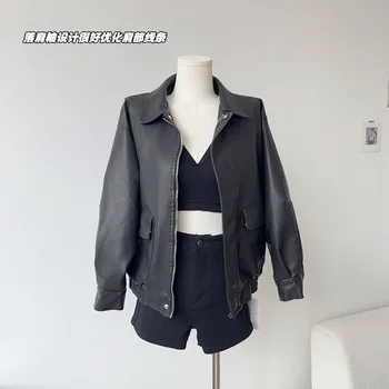 Женское эстетичное Кожаное пальто Ladies Y2K 2023, Новый американский Дизайн Уличной Одежды, Простые Шикарные Кожаные Пальто в корейском стиле