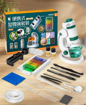 [Забавный] Детский портативный микроскоп, набор для научных экспериментов, светодиодный светильник 60-180X, образец для изготовления образовательных игрушек, подарок на день рождения ребенка