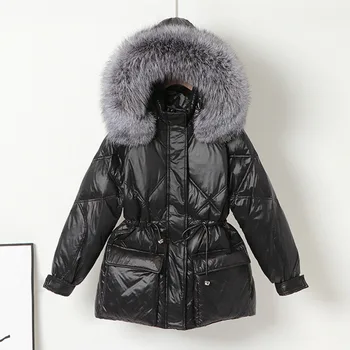 Зимняя куртка с капюшоном из натурального меха, женское пальто на 90% белом утином пуху, парки, свободная теплая зимняя верхняя одежда с регулируемой талией