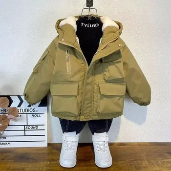 Зимняя Хлопчатобумажная куртка для мальчиков 2023 года, Новая Детская Плюшевая и плотная куртка с капюшоном, Модное хлопковое пальто для малышей, Топ