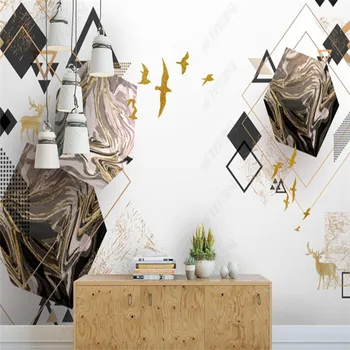 Изготовленная на заказ Фреска С Геометрическим мраморным рисунком Птица Золотой Олень Домашний декор Фреска 3D Фотообои Самоклеящиеся Papel Tapiz