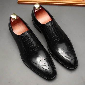 Итальянская Кожаная обувь Мужские официальные мужские модельные туфли из натуральной кожи, черные Коричневые Роскошные свадебные повседневные туфли-Оксфорды на шнуровке