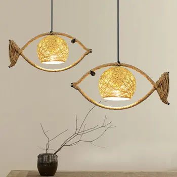 Китайская Люстра из пеньковой веревки в форме рыбы, Японские Креативные лампы для украшения дома, сплетенные из Ивы