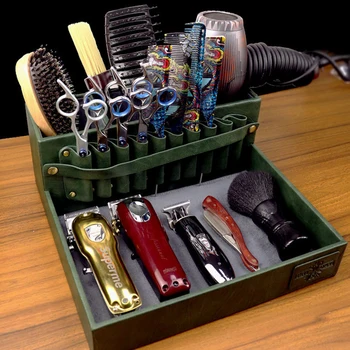 Кожаный ящик для хранения в салоне Парикмахера, Большой ящик для хранения парикмахерских инструментов, Электрическая машинка для стрижки Волос, сушилка, Расческа, розетка для хранения, лоток для дисплея