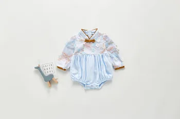 Комбинезон в китайском стиле для новорожденных, детский комбинезон с длинными рукавами и круглым вырезом в цветочек, модный комбинезон с вышивкой