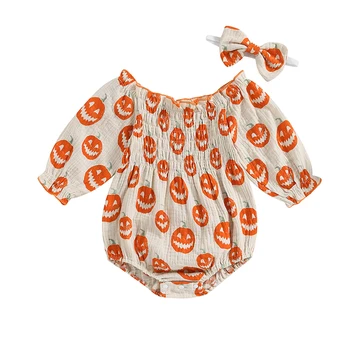 Комплект Одежды для новорожденных девочек на Хэллоуин, хлопковый льняной комбинезон в виде тыквы с длинным рукавом, боди с повязкой на голову
