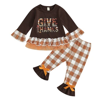 Комплект штанов для маленьких девочек, футболка в стиле пэчворк с буквенным принтом и штаны в клетку, осенний наряд, одежда на День благодарения