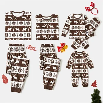 Комплекты кофейных пижам PatPat с рождественским рисунком для всей семьи с длинными рукавами и принтом (огнестойкие)