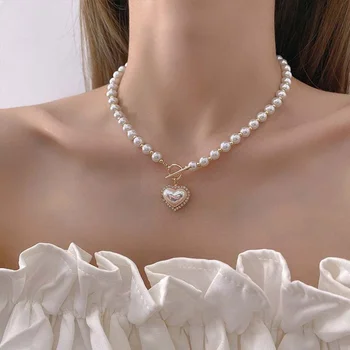 Корейское Элегантное Ожерелье из жемчужных бусин для женщин, Дамская мода, ожерелье с подвеской в виде сердца из горного хрусталя, Колье, ювелирные изделия