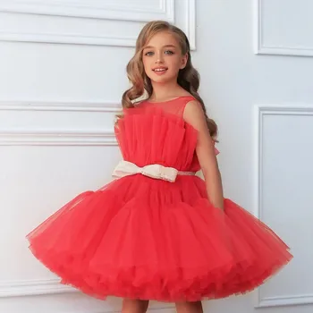Красное Тюлевое платье с цветочным узором для девочек Длиной до колен, Прозрачное платье Принцессы с вырезом на День Рождения, Рождественское Новогоднее платье