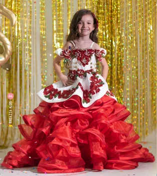Красные Мини-пышные платья, Мексиканское Бальное платье, Аппликации из Органзы, платья с цветочным узором для девочек, свадебные платья Charro, Детские платья