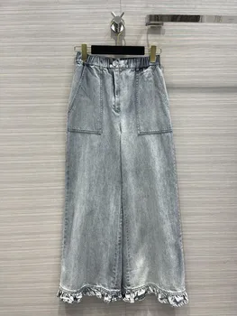 Кружевные прямые джинсы с листьями лотоса, широкие брюки, повседневная мода 2023, осенняя новинка, хит продаж 0308