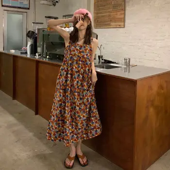 Летнее Новое Милое платье-комбинация с принтом, Свободные женские платья с открытыми плечами, Корейская модная повседневная женская одежда