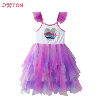 Летнее платье DXTON для девочек, детские платья Принцессы с аппликацией в виде сердца, расшитые блестками, Детское платье на подтяжках, Детские костюмы