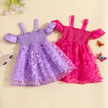 Летнее платье Принцессы для маленьких девочек с коротким рукавом, Тюлевое платье с 3D Бабочкой, Платье с открытыми плечами