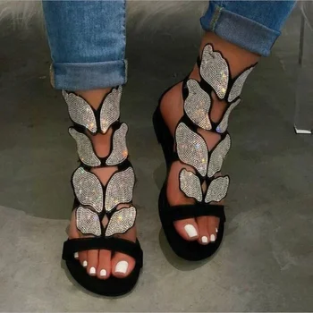 Летние Модные сандалии для женщин; большие размеры; Сандалии-гладиаторы с бабочками и кристаллами; Удобная женская обувь с открытым носком; Сандалии 2023