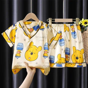 Летний пижамный комплект с Винни-Пухом, освежающий дышащий комплект из двух предметов для мальчиков и девочек, детская одежда от 2 до 7 лет