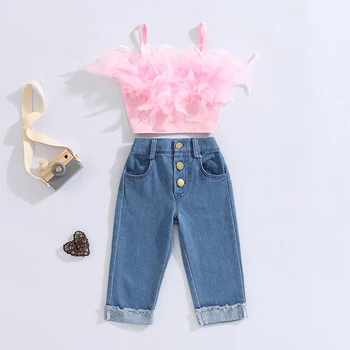 Летняя Одежда для маленьких девочек, Розовый Топ на бретелях без рукавов с перьями + Джинсовые брюки с закатанным низом и карманами, Наряд на 1-6 лет