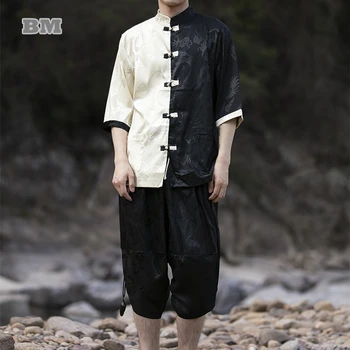 Летняя рубашка с коротким рукавом в китайском стиле, Брюки-капри, Винтажный костюм из ледяного шелка контрастного цвета, Мужской модный комплект из двух предметов Больших размеров