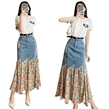 Милое платье-костюм, высококачественный комплект из двух предметов Sense Yujie с новой летней футболкой, джинсовый костюм для женщин
