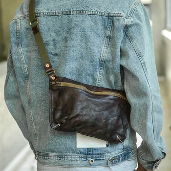 Модная винтажная мужская плиссированная нагрудная сумка из натуральной кожи, уличная высококачественная сумка из натуральной воловьей кожи для подростков, повседневная сумка через плечо