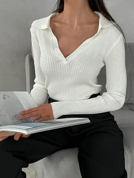 Модная женская блузка 2023, Новые вязаные женские рубашки с длинным рукавом и V-образным вырезом, однотонные тонкие повседневные футболки в корейском стиле для женщин, лето 2023